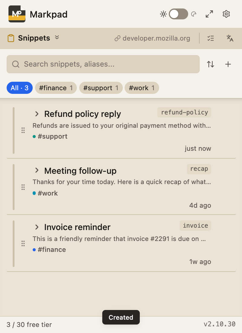 Snippets list with a newly saved reply template on top