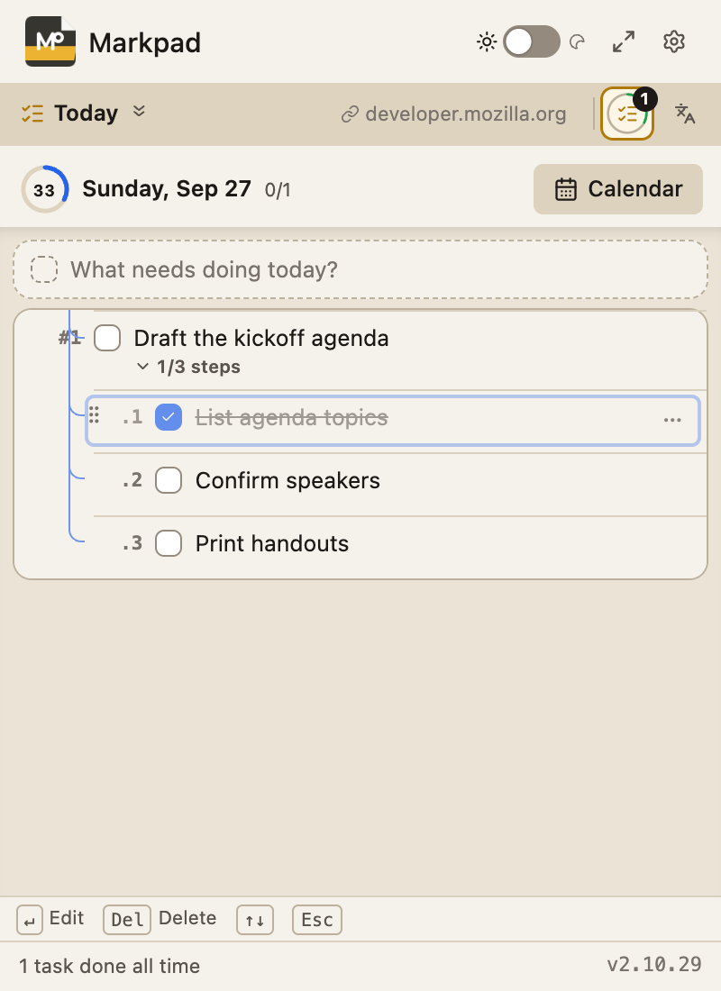 A task split into three steps, one of them ticked