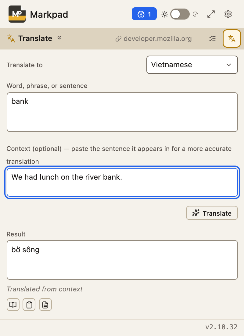 The word bank translated with the sentence around it as context