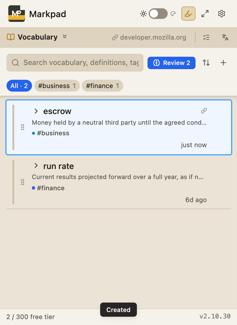 Vocabulary list with the newly saved word escrow on top