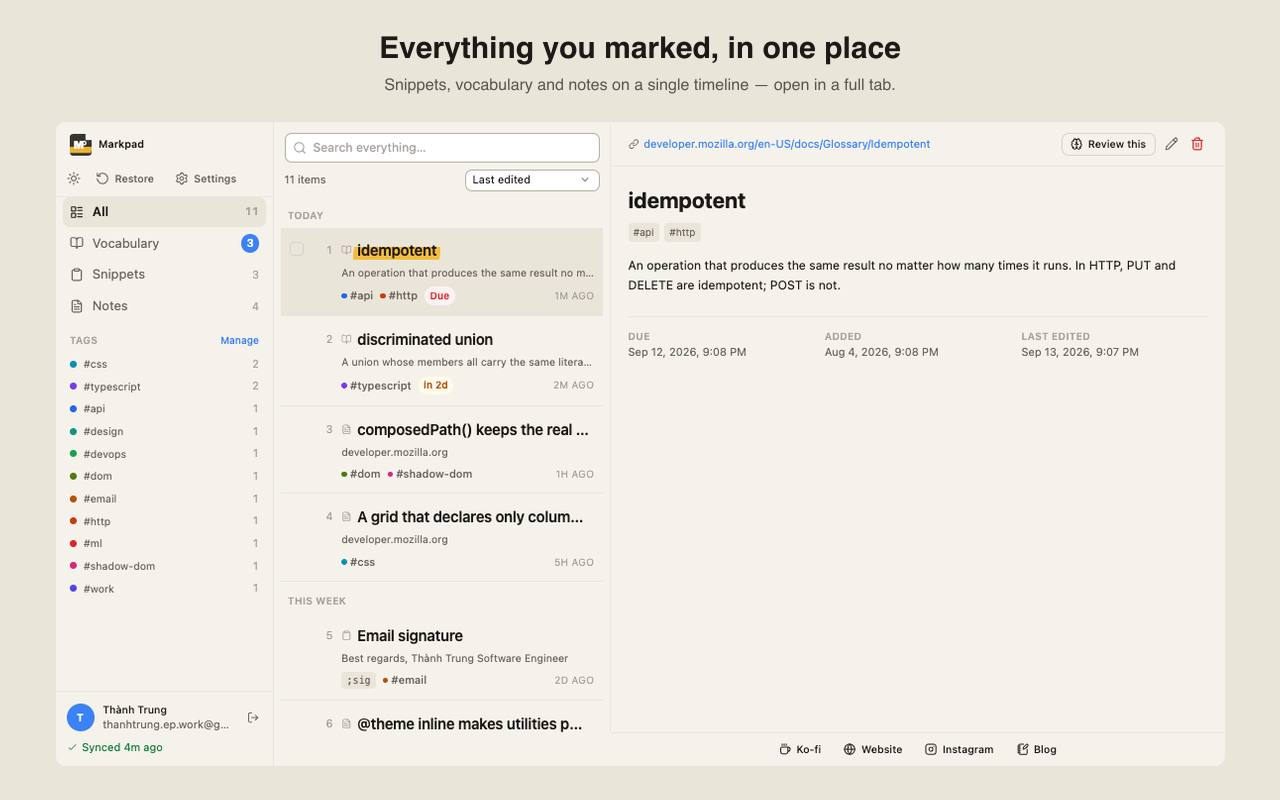 Markpad open in a full browser tab, showing snippets, vocabulary and notes on one timeline