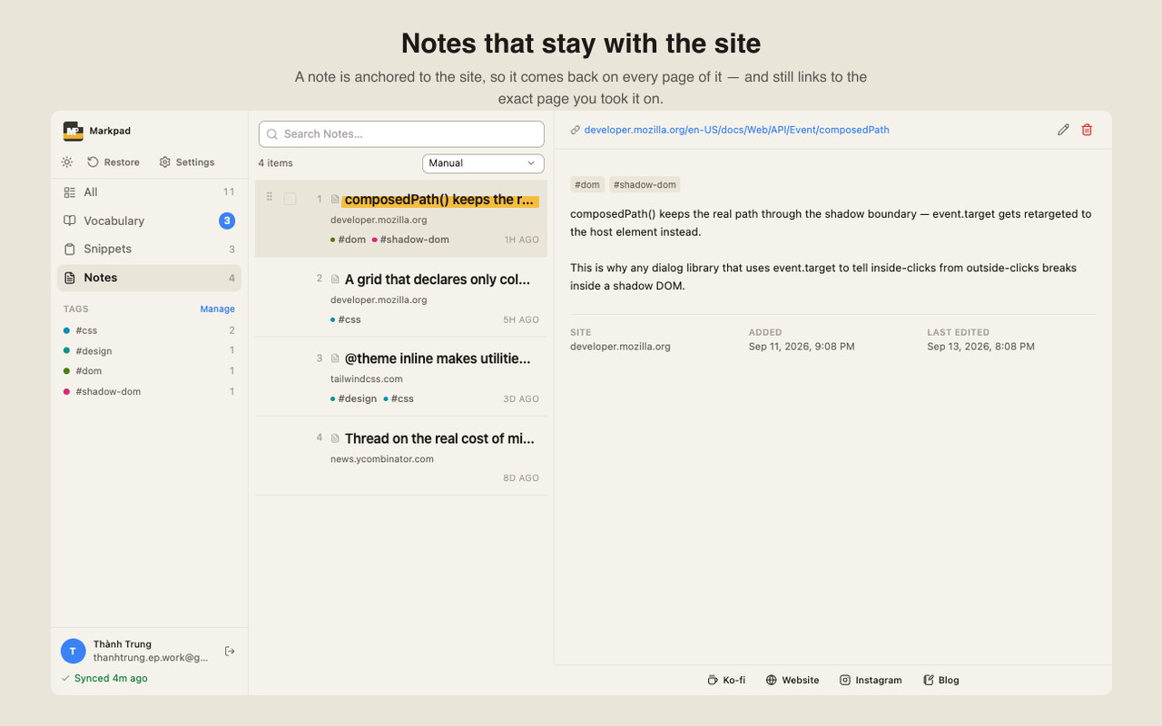 Markpad Notes in the full tab, a note anchored to a site with a link back to the exact page
