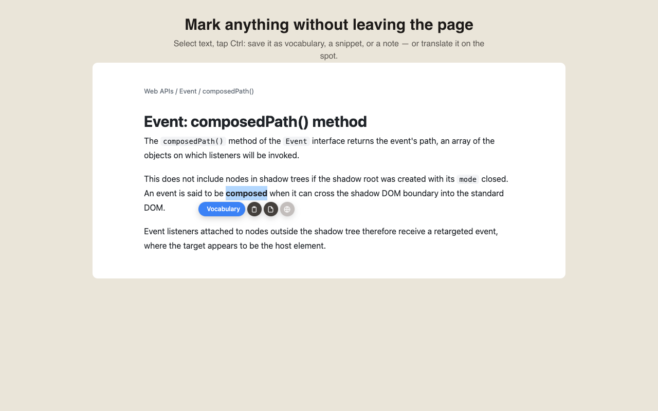 Markpad's in-page capture popover with actions for Vocabulary, Snippet, Note, and Translate