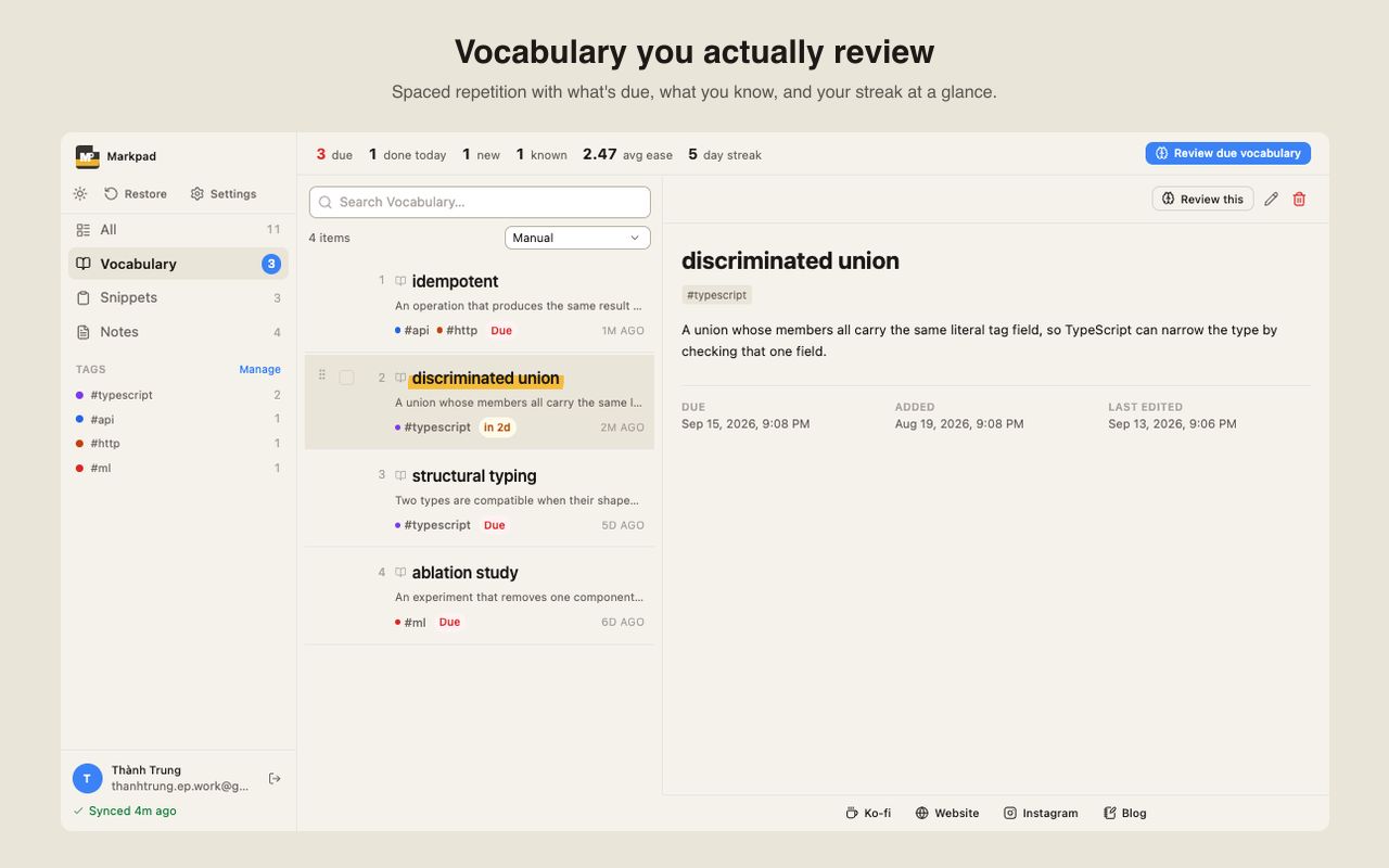Markpad Vocabulary review stats — due today, mastered, and streak