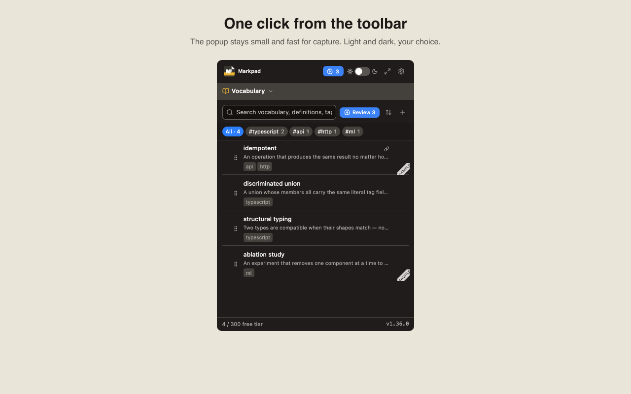 Markpad popup in dark mode, opened from the toolbar