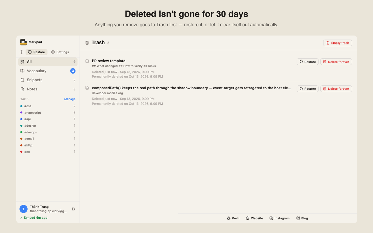 Markpad Trash showing two deleted items with Restore and Delete forever actions, and the auto-purge date